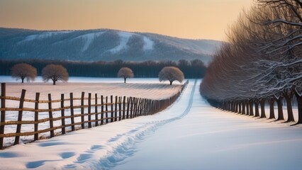 Snow-covered country road lined with bare trees and wooden fence in a rural winter landscape	