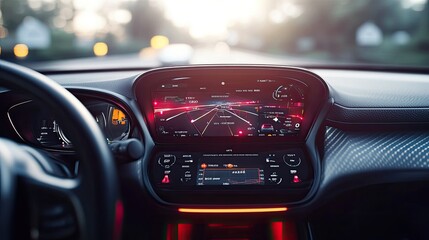 Modern car interior with digital display. The photo shows a car dashboard with a digital display showing navigation and other information.