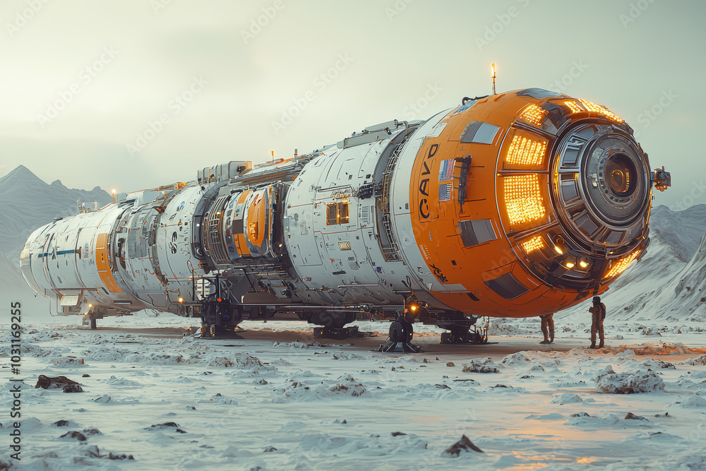 Poster a private space company testing a prototype for an interplanetary transport system, showcasing ambit