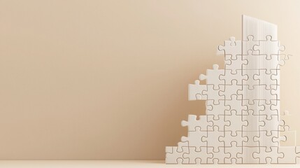 Sleek 3D puzzle assembly of a skyscraper, with clean lines and modern design. Minimalistic aesthetic in muted colors. 