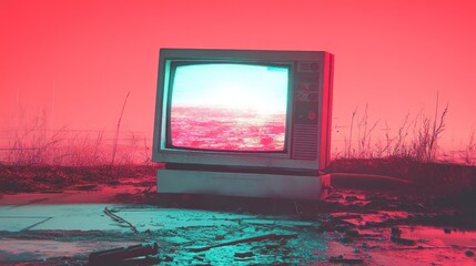 A vintage television set sits on a dusty, abandoned landscape, with a static screen displaying a blurry image. The image is bathed in a vibrant, pink and blue neon light.