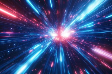 Naklejka premium Abstract glowing lines and particles. A mesmerizing display of neon light streaks radiating outwards, perfect for sci-fi, technology, or speed themes.