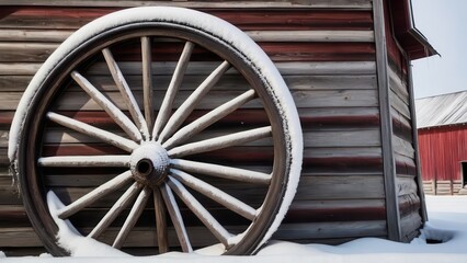Snow-covered wooden wagon wheel leaning against a red barn in a rural winter landscape	