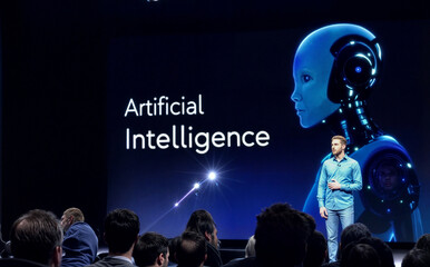 An Engineer speaking in a tech conference on stage about Artificial intelligence 