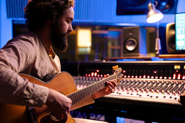 Composer performer playing electro acoustic guitar sounds to record a new song with his producer in...