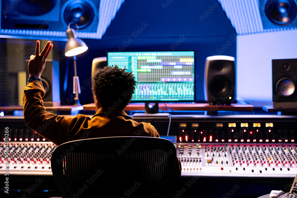 Poster Sound designer counting down for artist to sing in sound booth, showing a sign to let the singer know when to start the performance. Music producer operating control desk panel board.