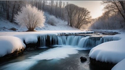 Snow-covered waterfall in a forested rural winter landscape with mountains in the background	