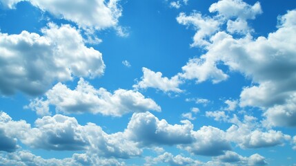 Fototapeta premium serene sky filled with fluffy white clouds against a bright blue backdrop, creating a peaceful and airy atmosphere.