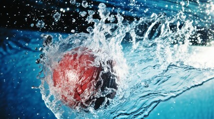 Water polo player scoring a goal in competition with vibrant background and clear pool water