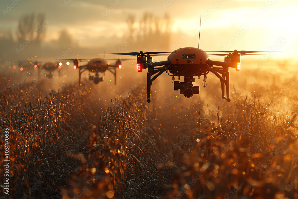Poster a fleet of drones collecting data on weather patterns and soil conditions to optimize harvests, repr
