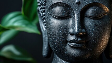 Close-up of a serene Buddha statue with closed eyes, partially obscured by green leaves, against a dark background.