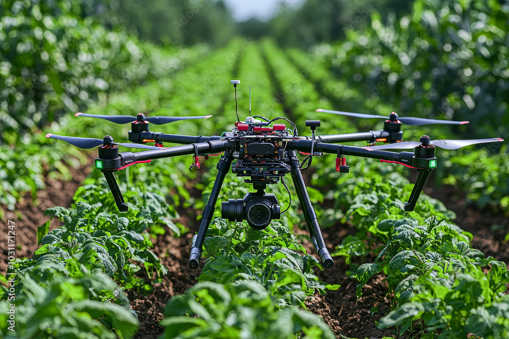 Poster a drone's real-time video feed providing farmers with detailed insights into crop health, illustrati