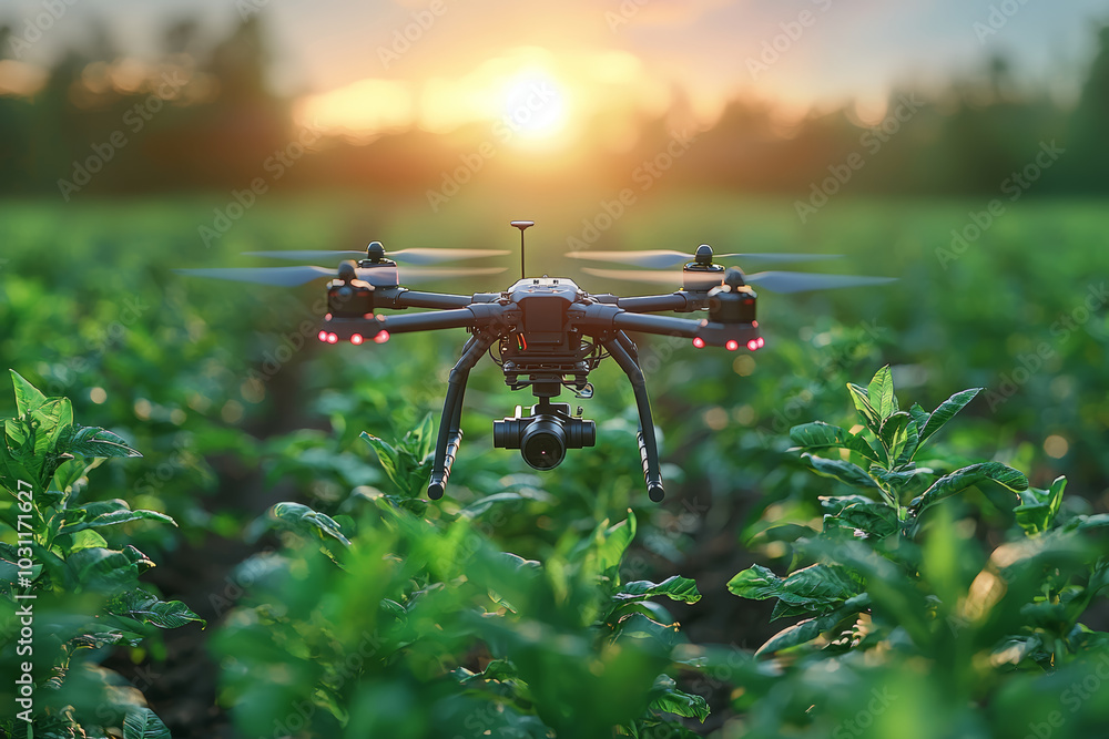 Poster a drone flying over a field as part of an autonomous farming system, illustrating the future of full