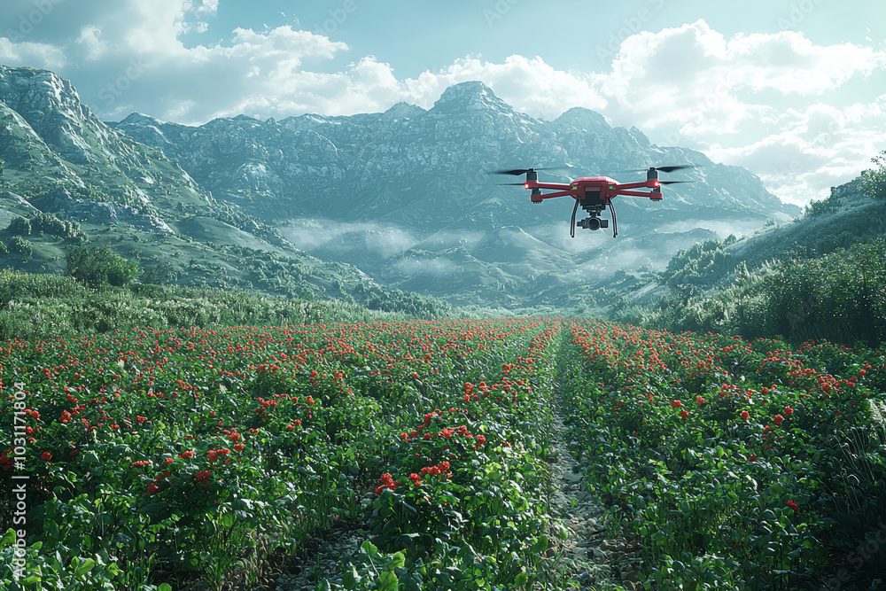 Poster a drone autonomously monitoring large-scale farmland, emphasizing the increased efficiency of drone 