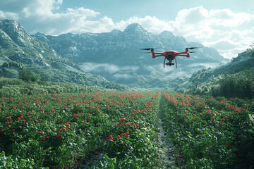 Fototapeta na wymiar A drone autonomously monitoring large-scale farmland, emphasizing the increased efficiency of drone technology in agriculture. Concept of efficiency.