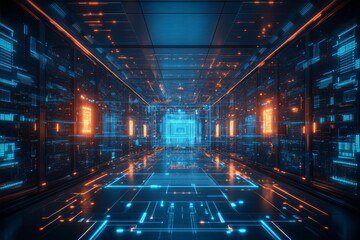 Futuristic Tunnel, Digital Technology Corridor Background, Sci-Fi Concept., 3D Rendered Illustration