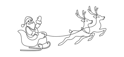 One continuous line drawing of christmas reindeer and Santa Claus. Wild animal deer with antlers is dynamic silhouette in simple linear style. Elegance editable stroke. Doodle vector illustration