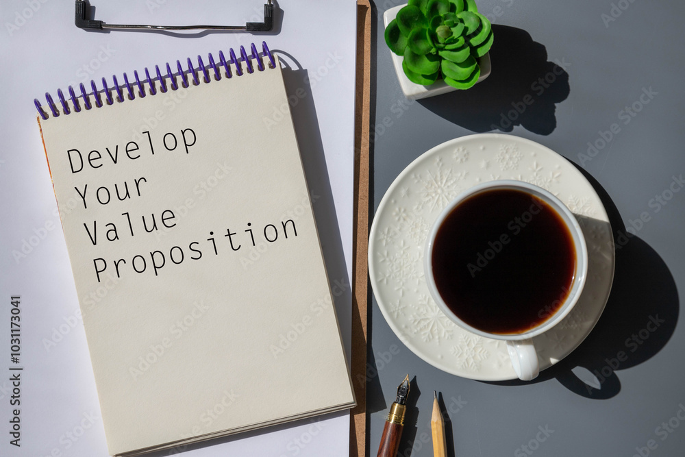 Aufkleber notebook with text develop your value proposition