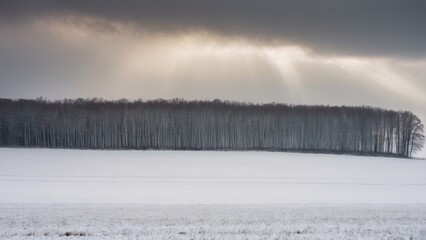 Three large leafless trees in a snowy winter landscape with a dramatic sky	