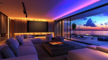 Obraz premium Modern living room with a stunning view. This image is perfect for websites, brochures, and other materials related to luxury home design.