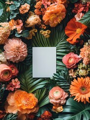 A flat lay featuring a minimalist white card in the center of a square arrangement of colorful tropical flowers and lush green leaves.