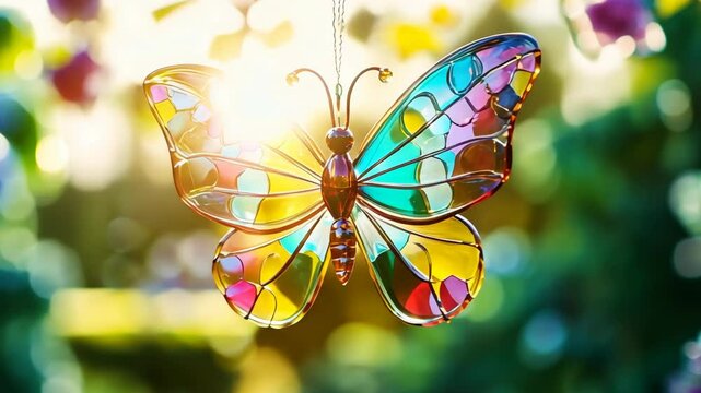 A colorful stained glass butterfly hangs in a garden, illuminated by the warm sunlight
