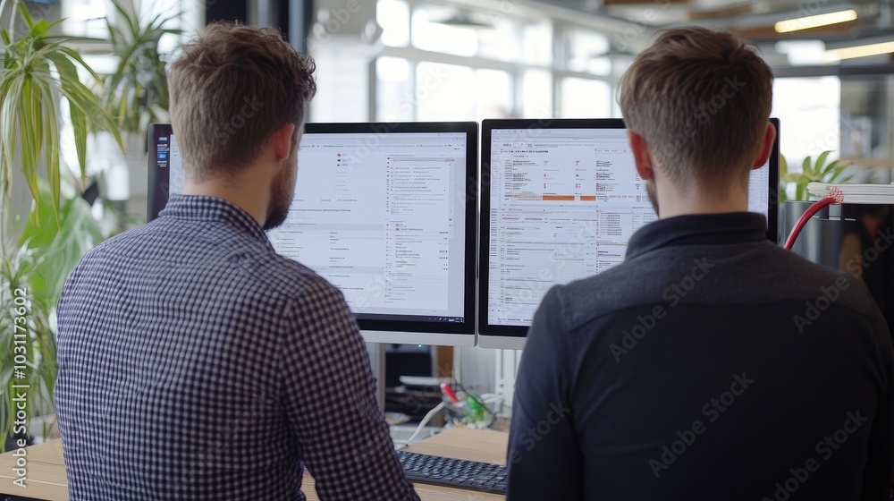 Poster two colleagues work on computers. this image shows two people working on their computers, ideal for 