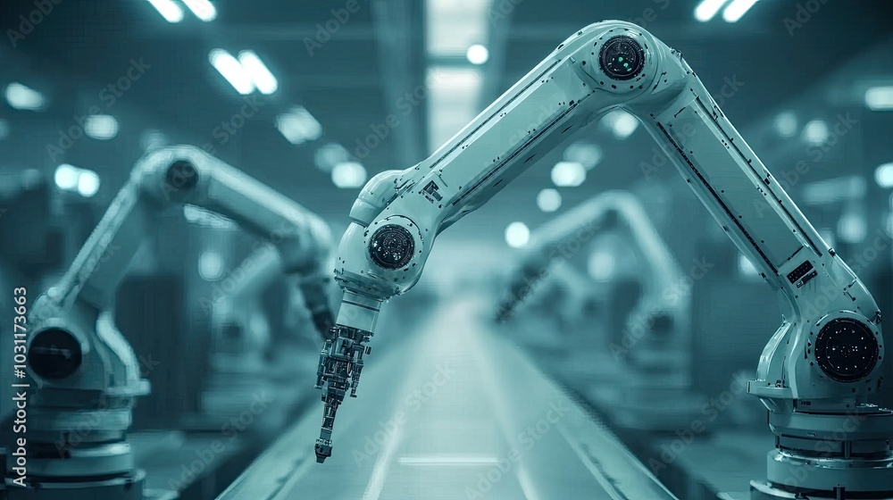 Poster robotic arms in a factory setting. this image showcases the automation and efficiency of modern manu