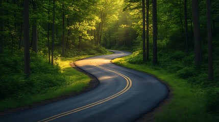 Fototapeta premium A winding road through a lush green forest with sunlight filtering through the trees.