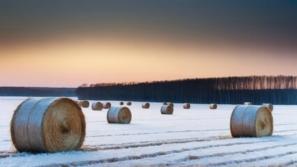 Obraz premium Hay bales scattered across a snowy rural field at sunrise in winter 