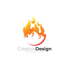 icon of an active volcano, mountain and fire logos