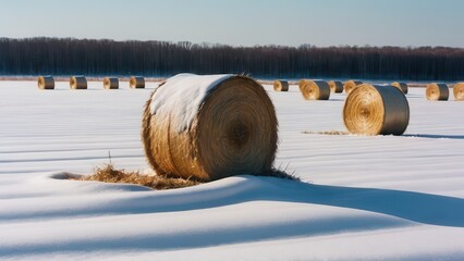 Obraz premium Hay bales scattered across a snowy rural field at sunrise in winter 