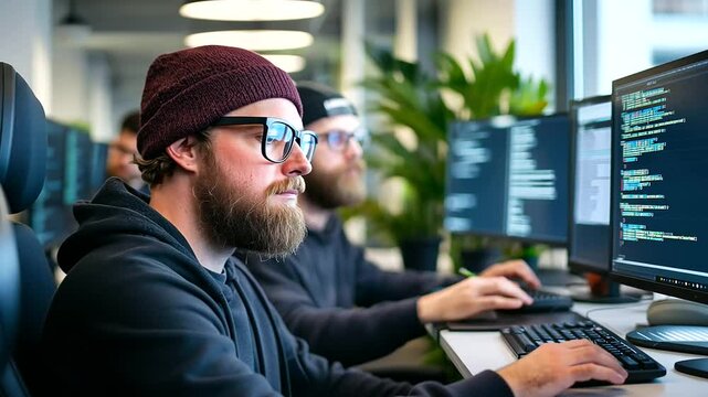 Two developers work together on a coding project, their hands resting on mechanical keyboards while lines of code scroll across their monitors