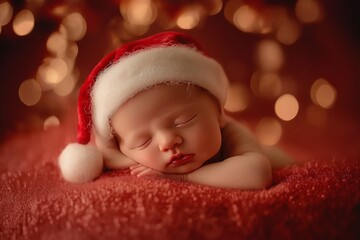 Newborn baby wearing a Santa Claus hat, peacefully sleeping in festive surroundings during the Christmas season