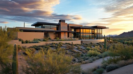 Obraz premium A modern, luxurious home with large windows and a desert landscape in the background.