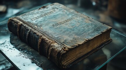 An old, leather-bound book with worn edges and a faded  lies on a glass surface.