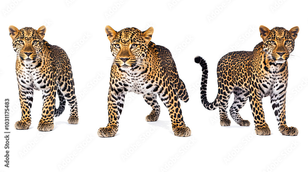 Poster set of three leopards standing alert against a white background generative ai