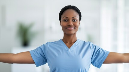 A confident healthcare professional smiles with open arms, promoting a welcoming and supportive atmosphere in a clinical setting.