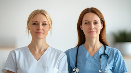Fototapeta premium Two female healthcare professionals stand side by side, showcasing unity and professionalism in a clinical setting.