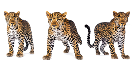 Set of Three Leopards Standing Alert Against a White Background Generative AI
