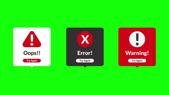 Animated error, warning, and oops messages with green screen background. Perfect for user interface design, web development, and app design.