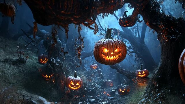 Scary Halloween in the dark night. Carved pumpkin, jack o lantern, halloween theme, halloween decorations.