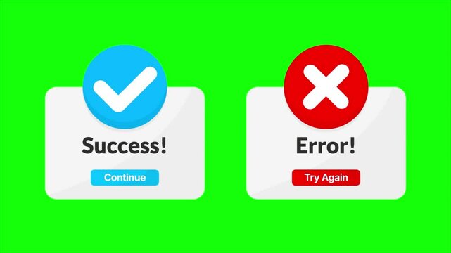 Animated success and error notification with checkmark and cross icons, green screen background. Perfect for web design, mobile apps, and video editing.