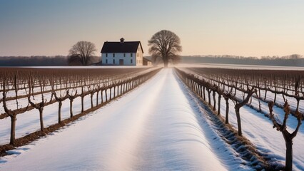 Fototapeta premium A serene Rural winter landscape with a charming farmhouse nestled between snow-dusted fields and neatly arranged vineyards. The soft winter light adds warmth to the cold scene, creating a peaceful and