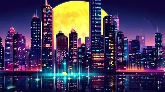 A bright moon shines over a city skyline at night, illuminating the buildings with glowing lights