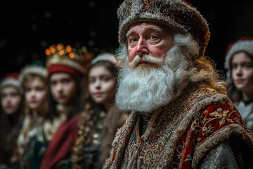 A community theater performing a play about the story of St. Nicholas, symbolizing the cultural storytelling of the holiday. Concept of holiday plays.