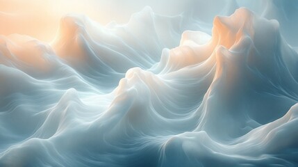 Abstract digital art with white and blue colors, resembling a landscape of clouds, mountains, or waves under a warm light.