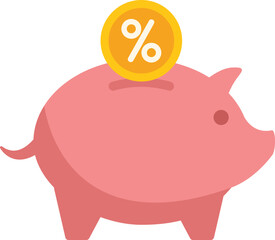 Pink piggy bank receiving a coin with percentage symbol, depicting the concept of interest rate and savings