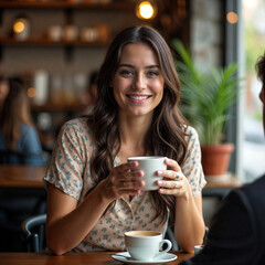 A young woman with long brown hair is smiling as she holds a cup of coffee. She's wearing a floral shirt and is seated at a restaurant table.