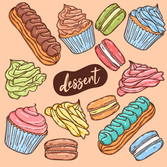 Meringue, cookies, eclair, cake cupcake and other pink colored  confectionery collection. Hand drawn sweet pastry illustration